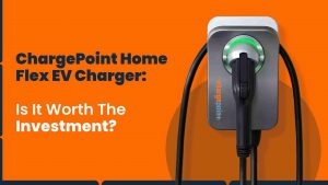 ChargePoint Home Flex EV charger mounted on a wall, featuring a sleek design with a connected EV showing charging progress.